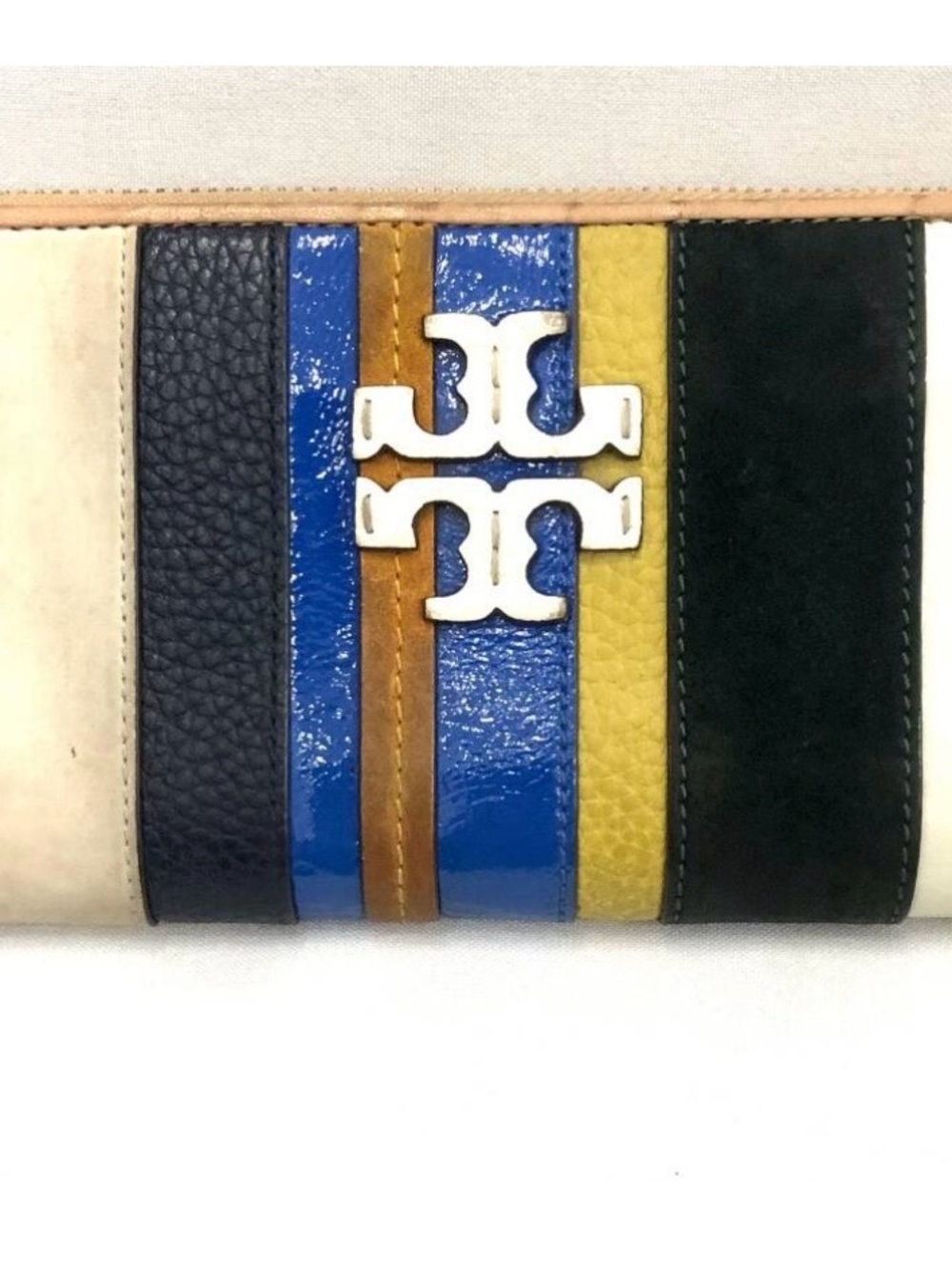 Tory Burch Multi-Stripe Leather Clutch in Blue, Yellow, Black, Tan & Cream